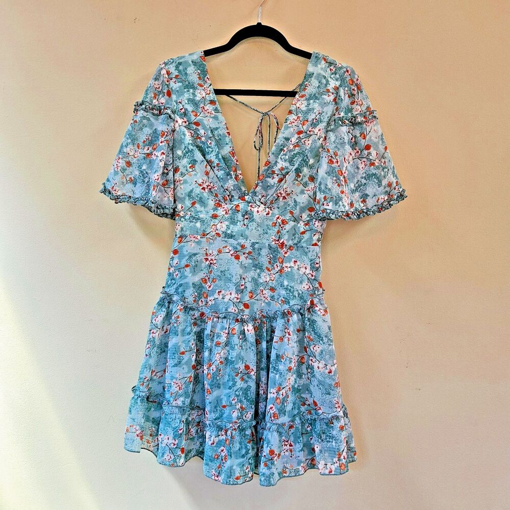 Hello Molly Mini Dress Drop Waist Flutter Ruffle Sleeves Teal Red Print Size M/6